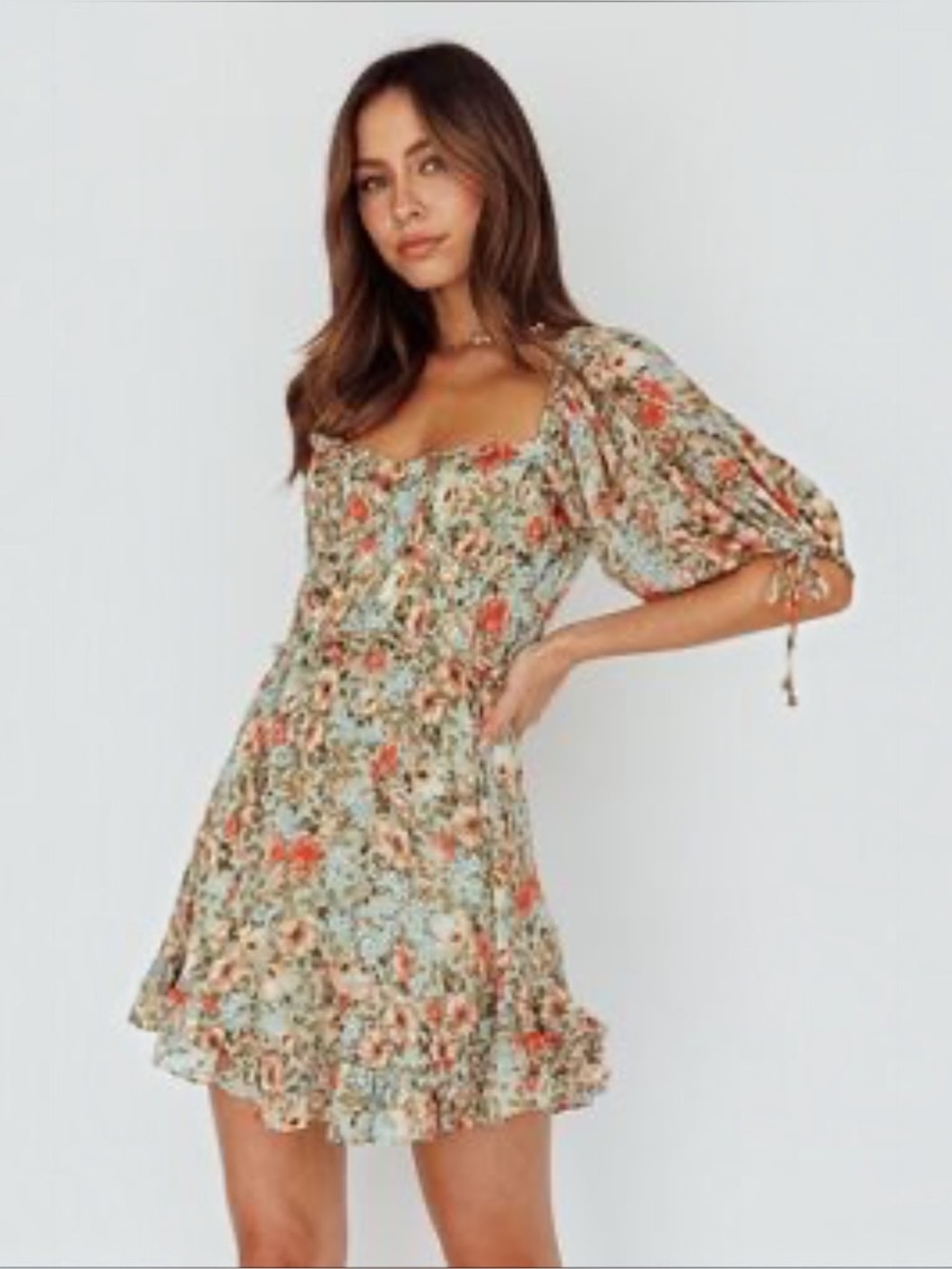 Sage Green Orange Floral Puff Sleeve Mini Dress Small
